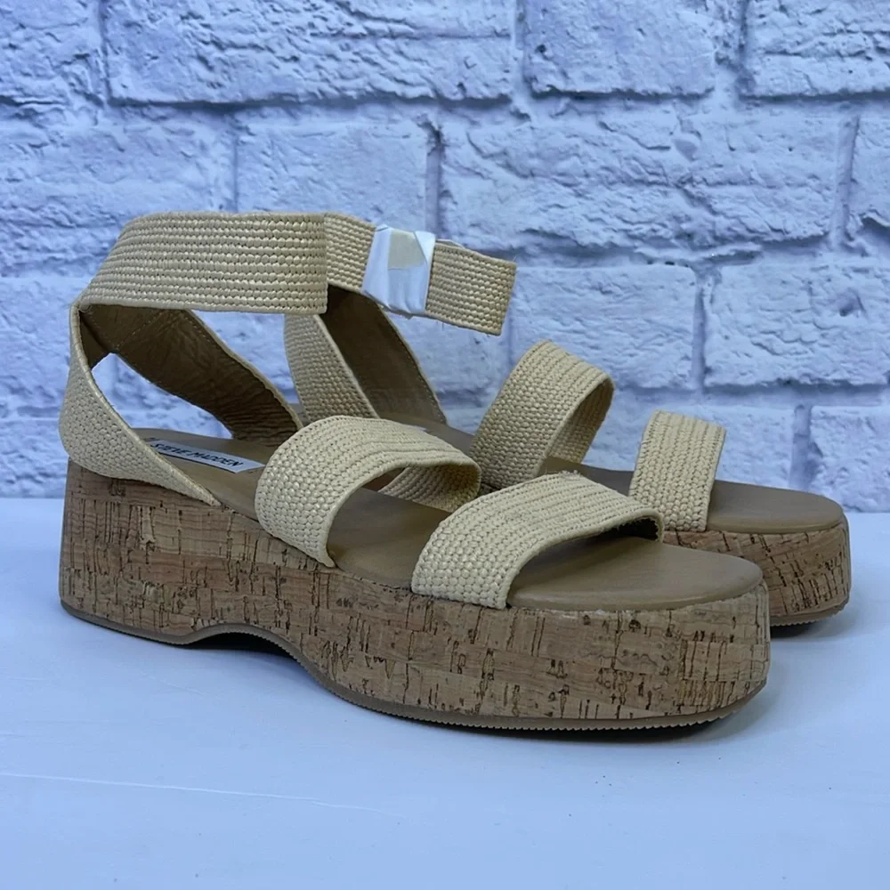 Steve Madden Womens Sashes Woven Flatform Sandals Beige 8